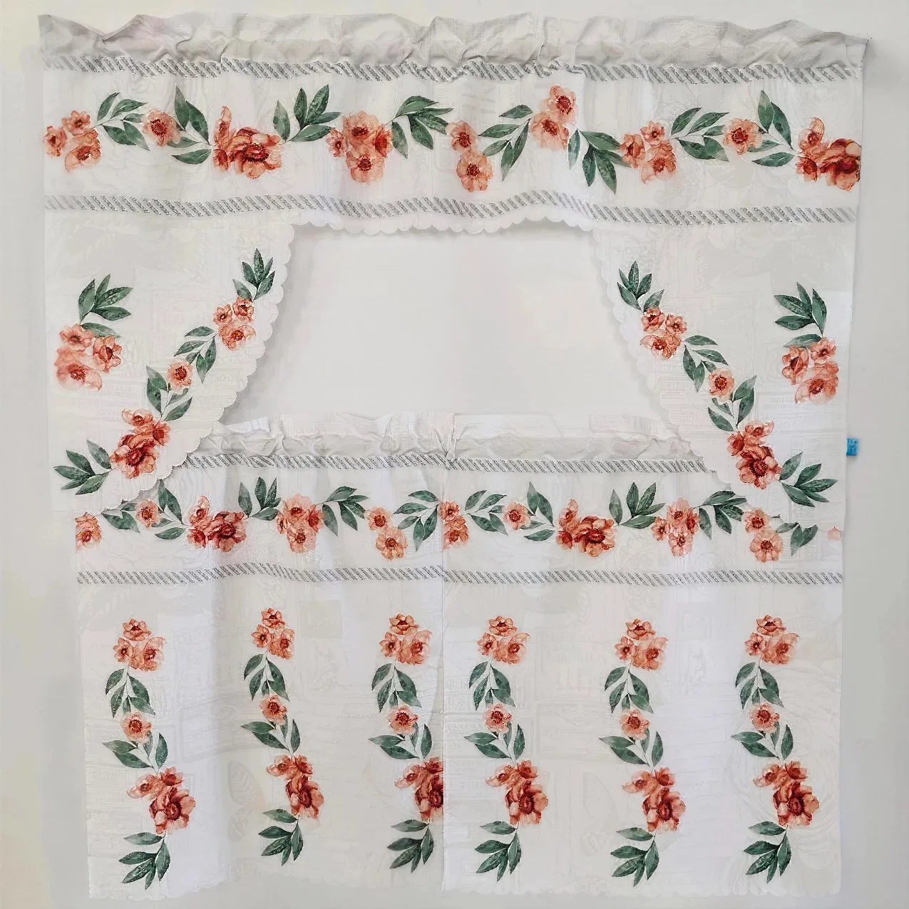Green Leaf and Pink Flowers Digital Printing Kitchen Curtain