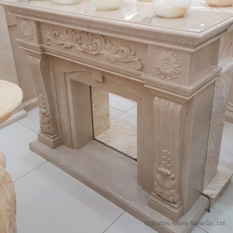 Custom Carved Light Beige Marble Fireplace Surround