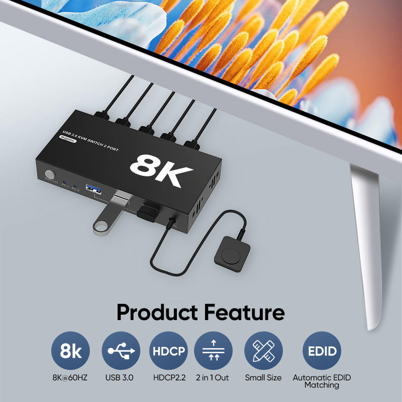 Portable 2 in 1 out 8K HDMI Kvm Switcher USB 3.0 EDID 8K60Hz Kvm Switch