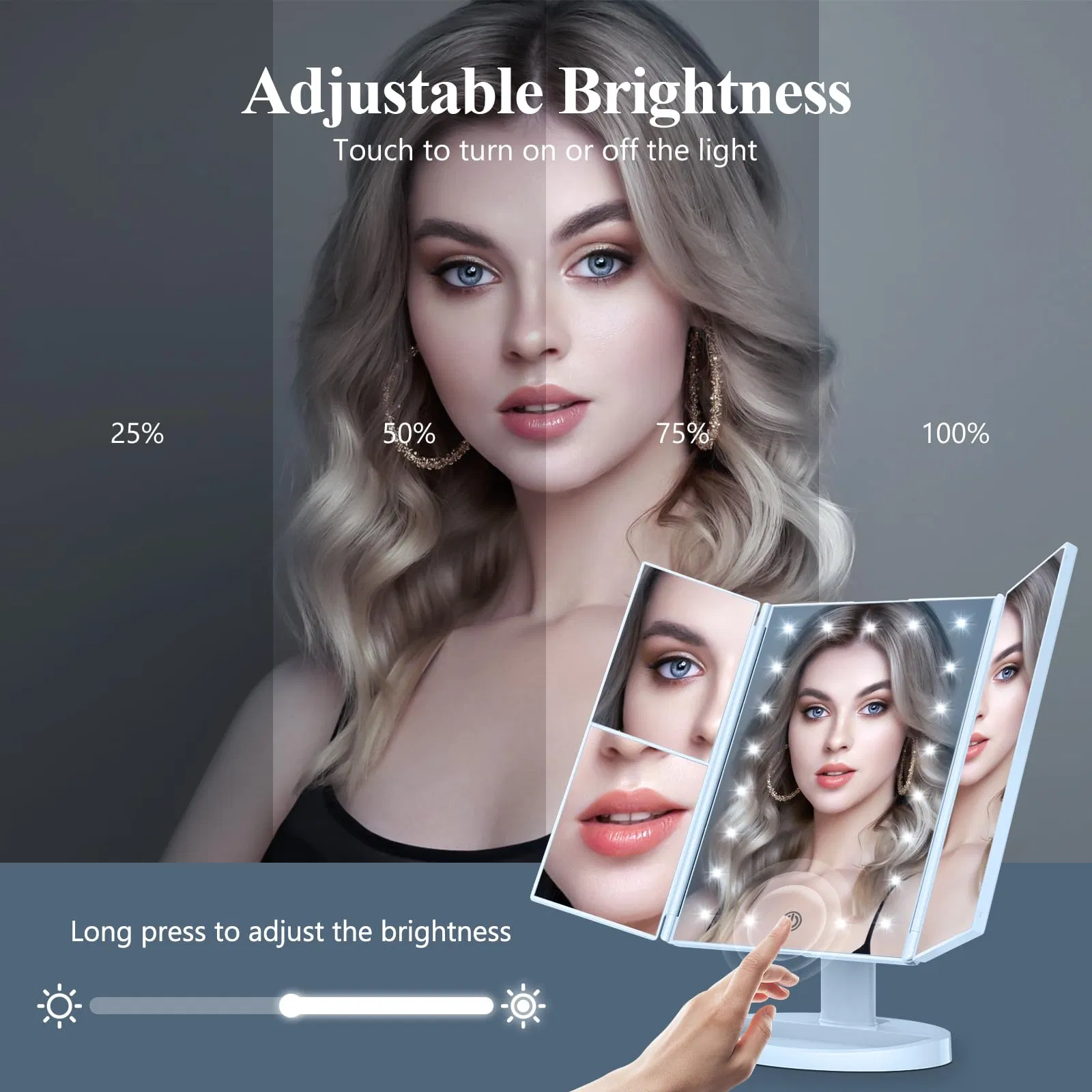 Modern 3-Sided Vanity Mirror with Lights - 2X/3X/10X Magnification, Touch Control, White (9.4X13.4 Inch) for Dressing Table & Bathroom