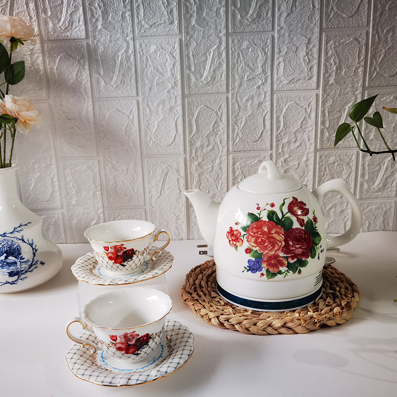 Factory Wholesale Price 1.0L Floral Design High Quality White and Black Ceramic Body Cordless Teapot Electric Water Kettle