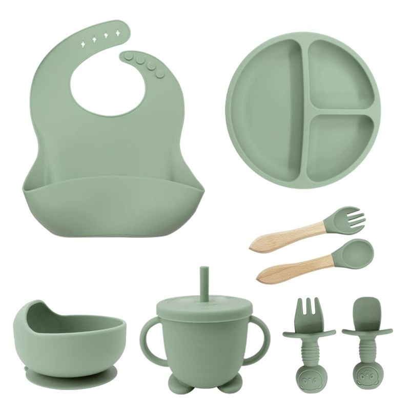 Baby Silicone Tableware Sets FDA LFGB Certified BPA Free Suction Plate Bowl Bib Spoon Set Baby Tableware Set