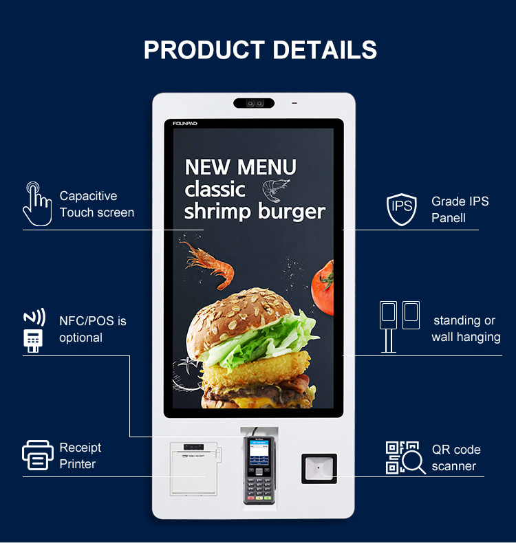 24/32 Inch Restaurant Self Ordering Kiosk Touch Screen POS Terminal Wall Mount/Standing Fast Food Payment Machine
