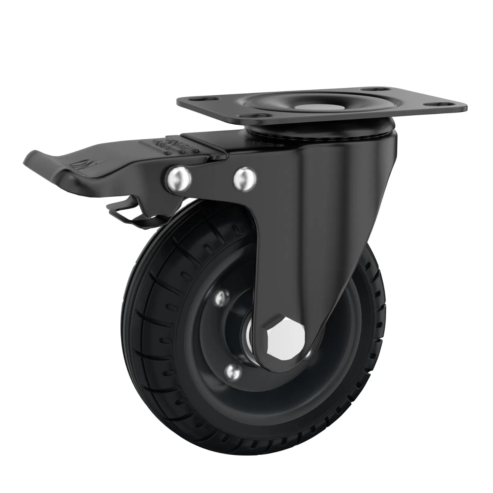 Plate Caster Wheel with Dual Brake, 4 Inch/100mm Solid Rubber Tire