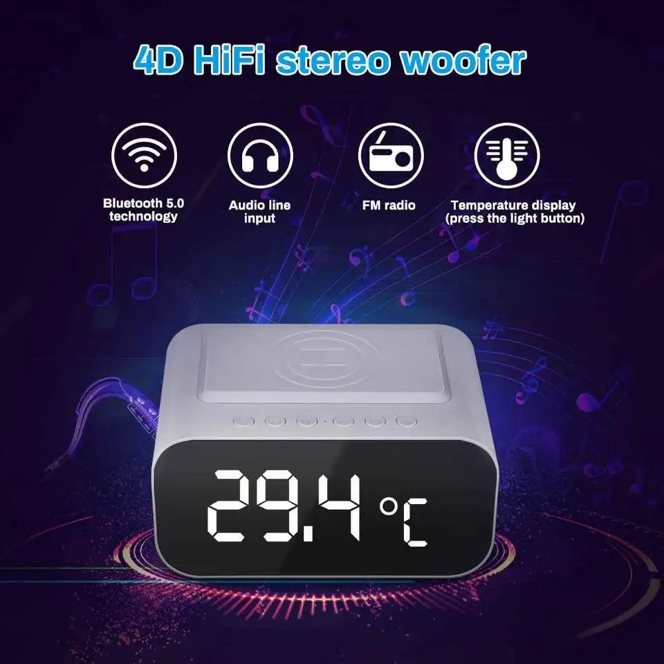 Multi Function 3 in 1 Wireless Charger with Blue Tooth Speaker Alarm Clock Wireless Charger