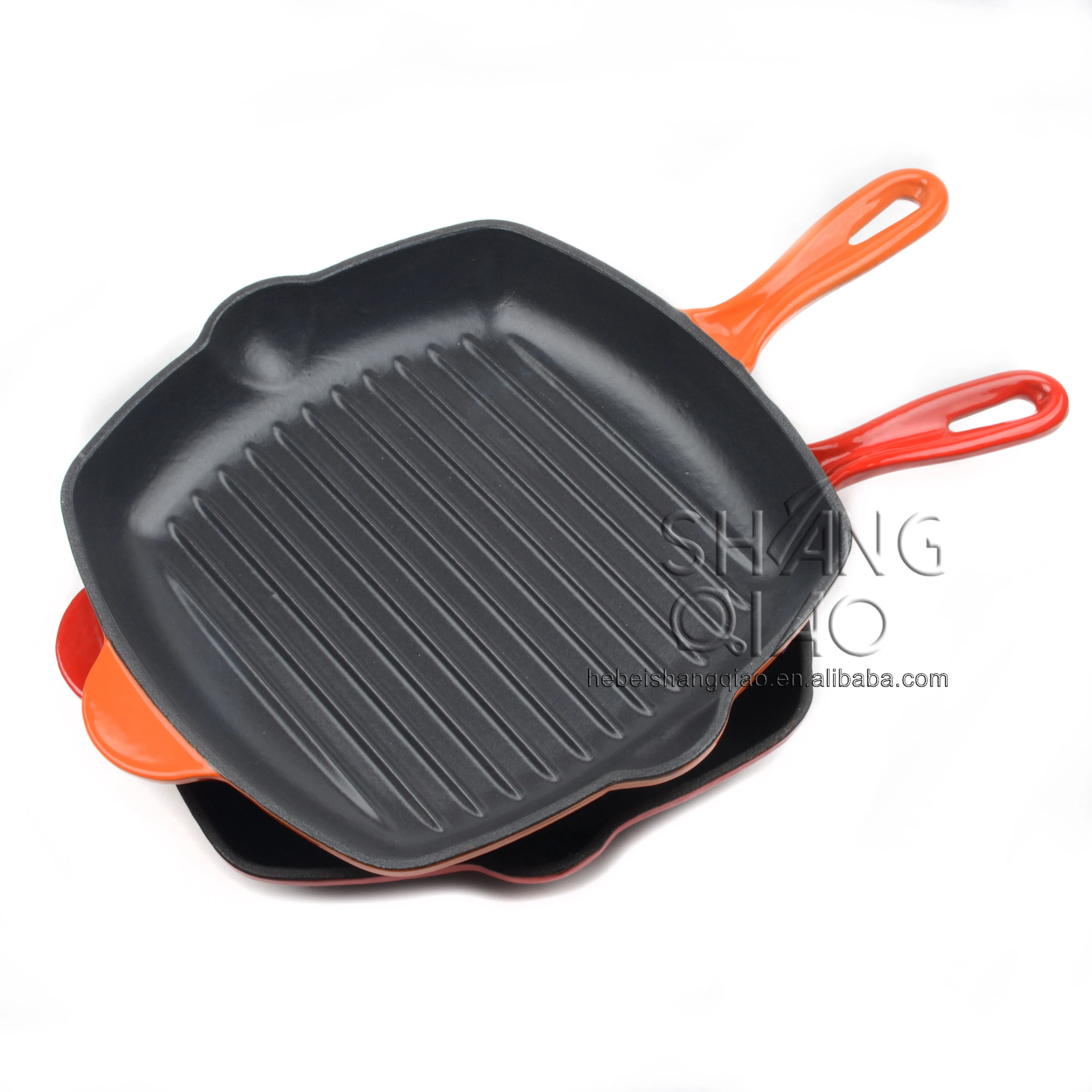 Чугунная эмалированная сковорода-гриль оранжевая квадратная