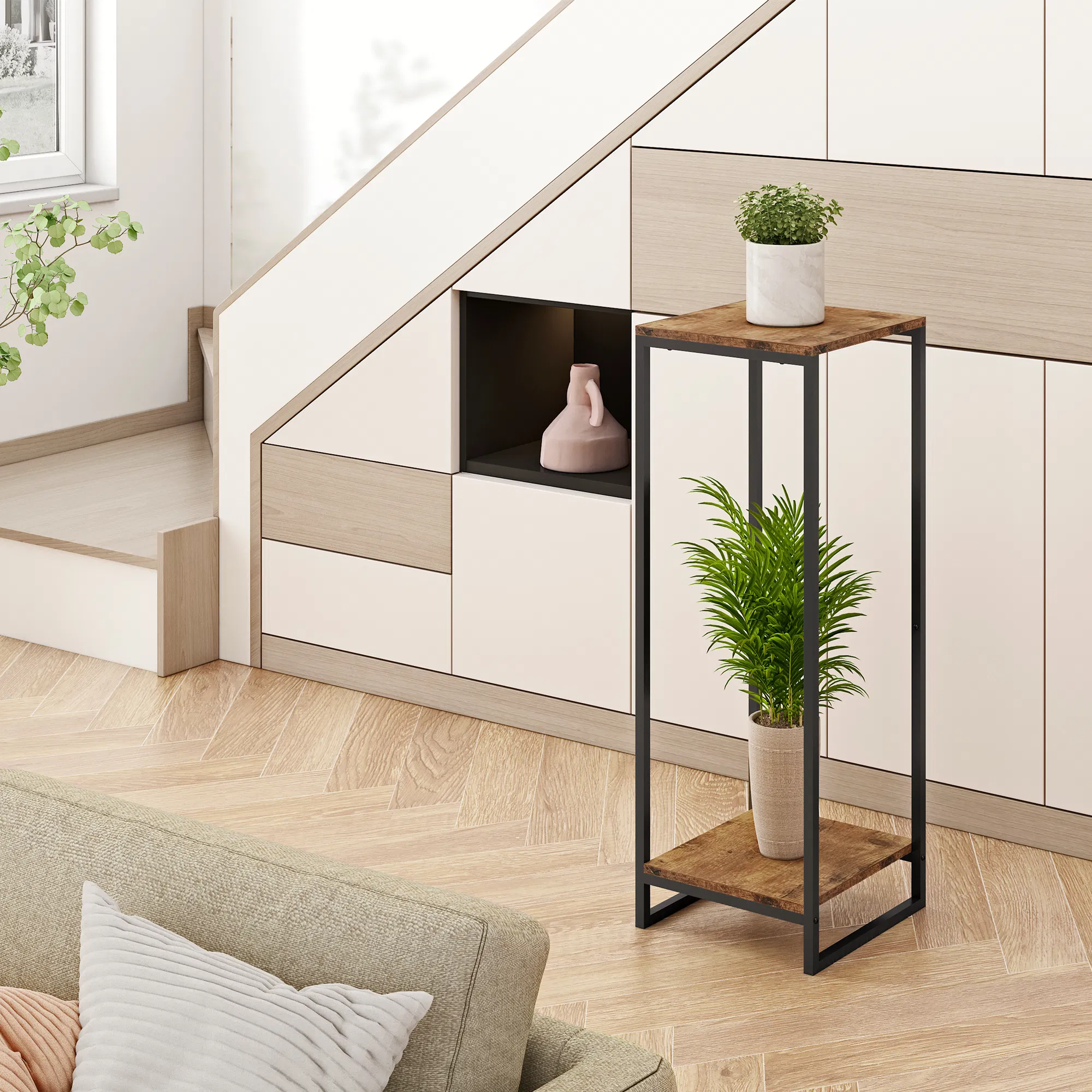 2-Tier Brown Indoor Corner Steel Wood Flower Plant Stand