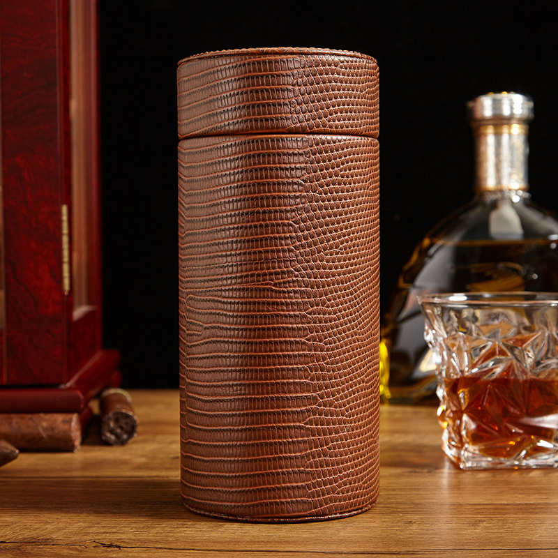 Round PU Leather Cigar Storage Humidor Case Container Jars