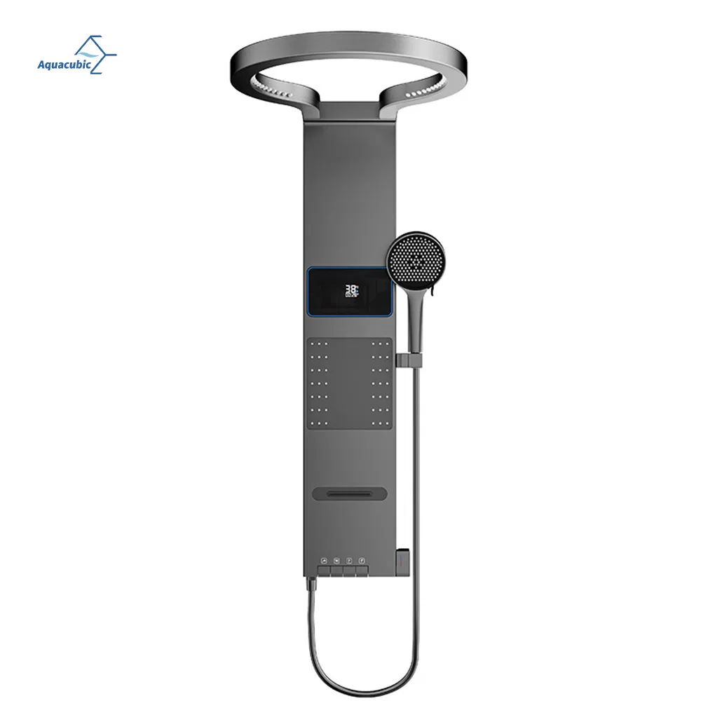 Premium Grey Aluminum Shower Tower - Wall Mounted Rainfall System with LED & Waterfall Jets