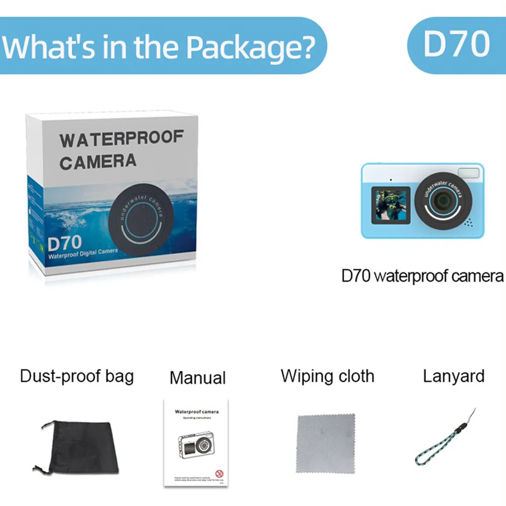 D70 2.8+1.44 Inch Dual Screen Waterproof Digital Camera, HD Photo/Video with 18X Digital Zoom for Outdoor and Travel Photography