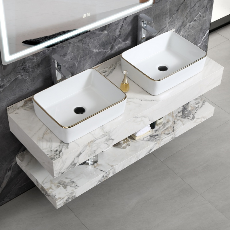 Wall Mounted White Marble Sintered Stone Cabinet Wash Basin Floating Bathroom Vanities with Mirror
