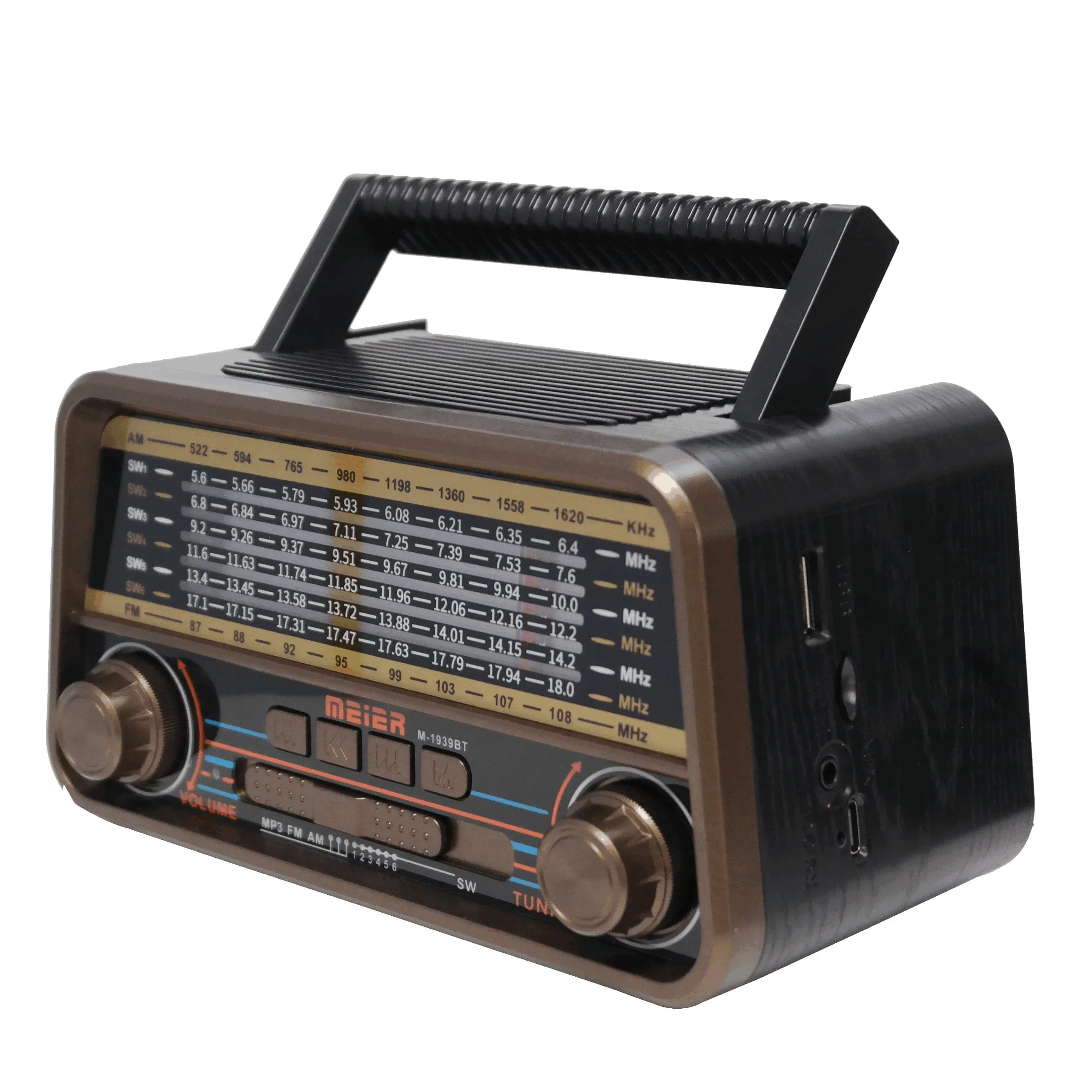 Meier M-1939BT Portable 3-Band Am FM Sw Radio, TF Card and MP3 Player, Rechargeable Speakers Bluetooth Retro Design
