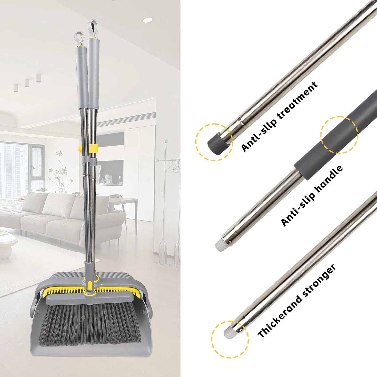 Long Handle Broom and Dustpan Set Adjustable Handle Dust Pan Teeth