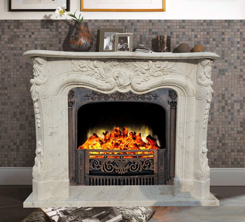 Modern Natural Stone Hand Carved French White Marble Fireplace Surround Frame