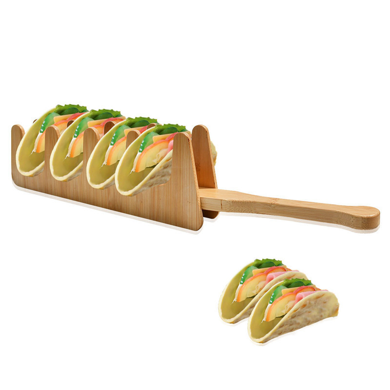 Kitchen Fancy Bamboo Wood Pastor Mexican Food Taco Holder Supplier Sustainable 2 Pack with Handles for Kids
