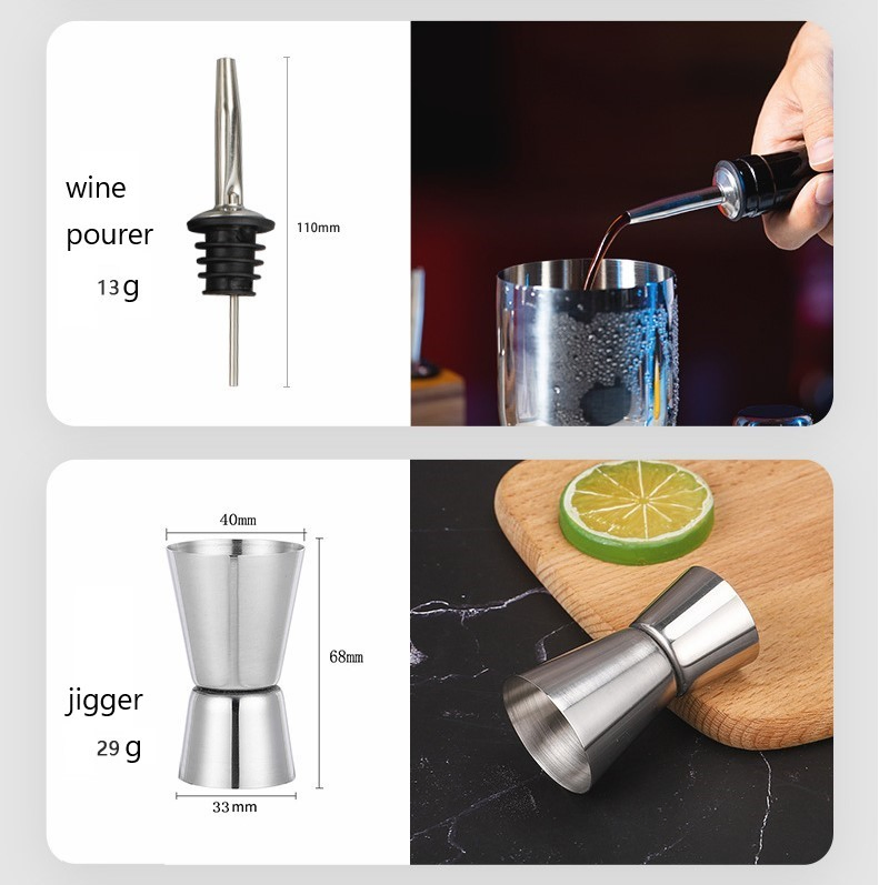 10 Pieces Martini Bartender Tool Kit Stainless Steel Bar Bartender Set with Bamboo Stand for De Luze Torres Brandy Osborne