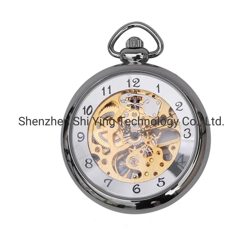 Custom Antique Black Mechanical Skeleton Pocket Watch with Chain