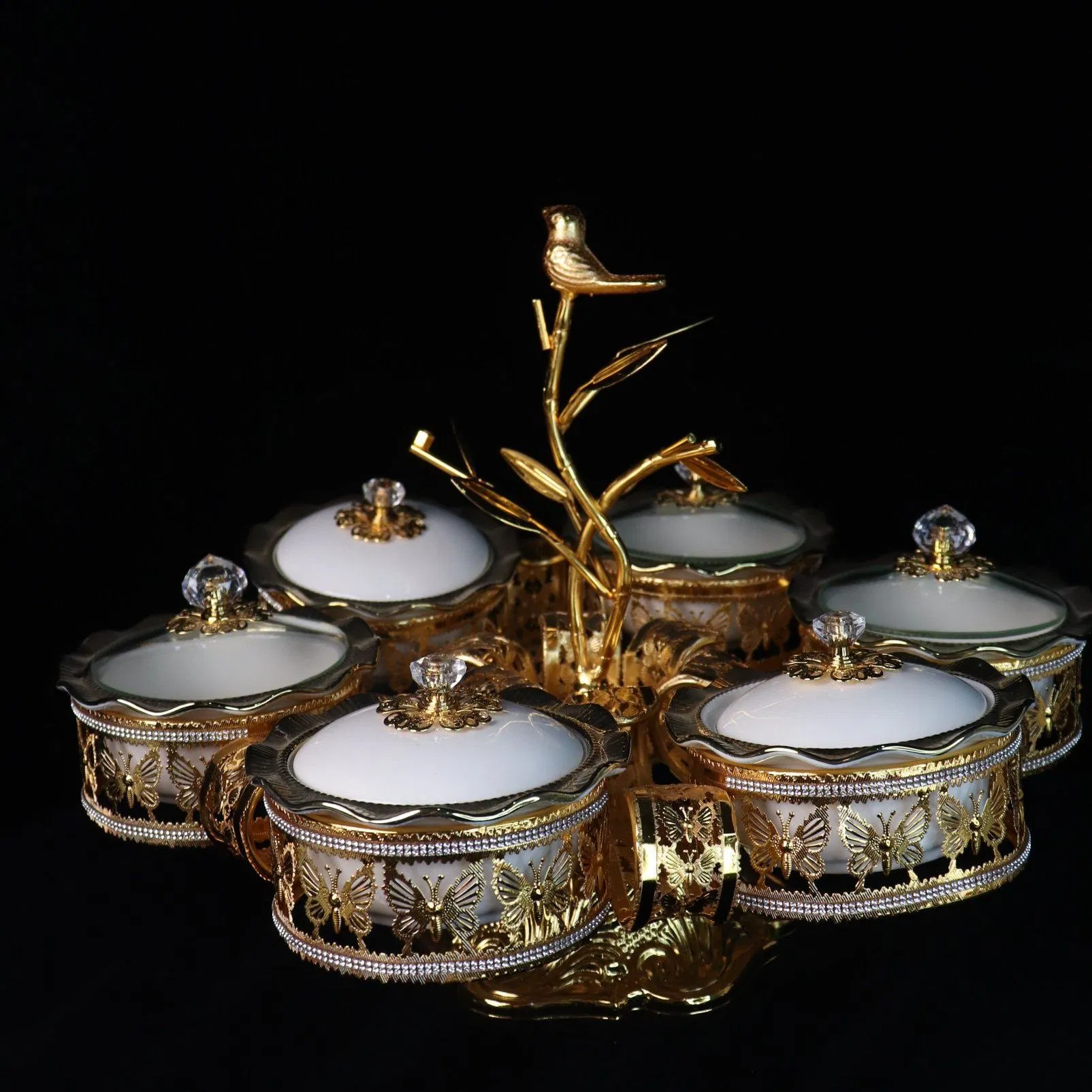 Home Ornament Gold-Plated Iron Frame with Large Size 6-Panel Gold Ceramic Bowl