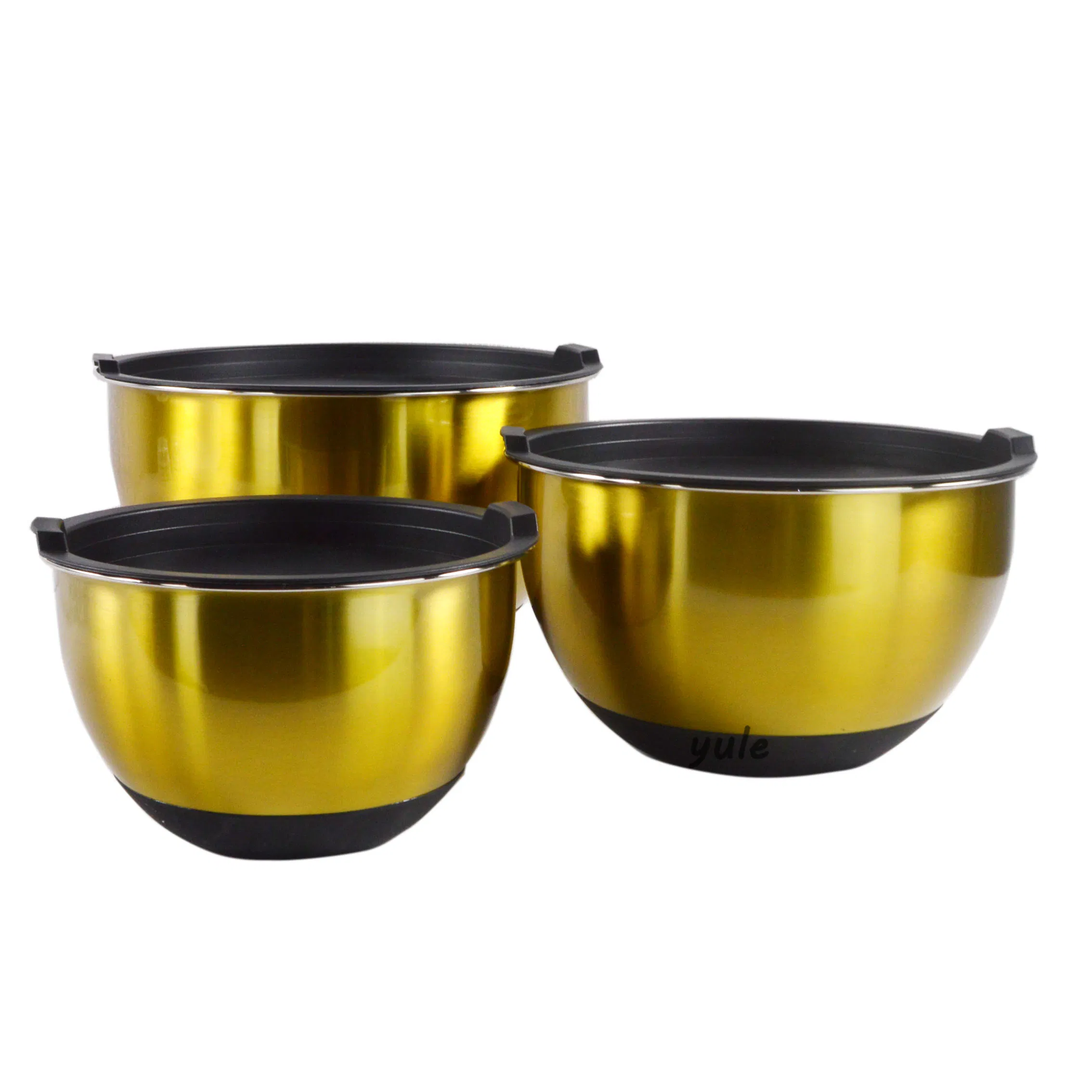 Wholesales Factory Korean Style Gold Painting Measurement Water Lines Non-Slip Bottom Stainless Steel Mixing Bowl with Lid