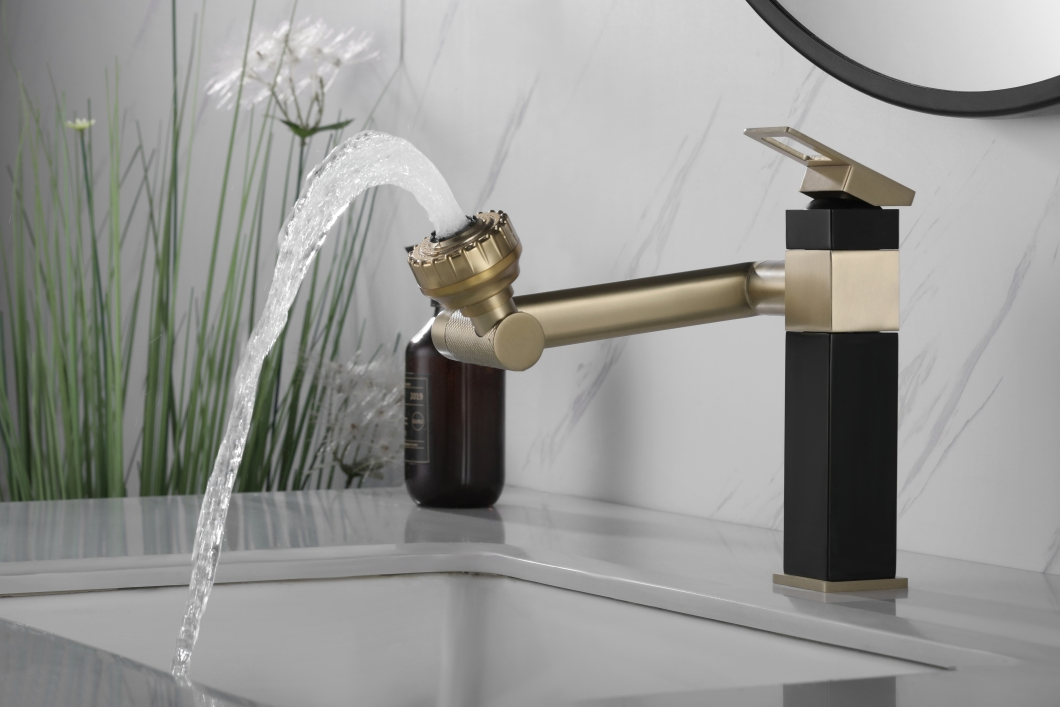 Смеситель для раковины Pinslon, черное золото, 360°