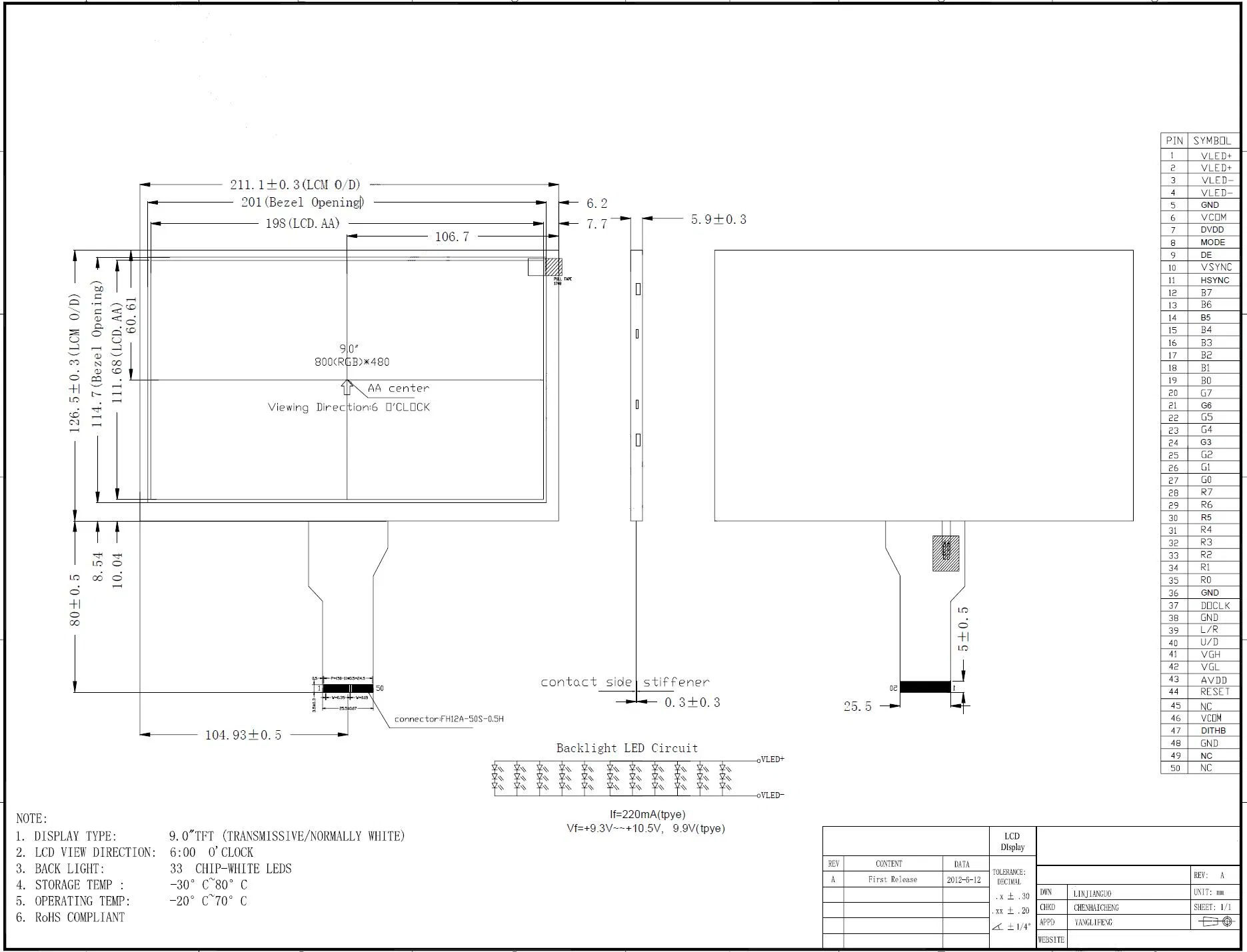 Factory Low Cost 9.0 Inch 800X480 TFT LCD Display with Standard 50 Pins RGB 24 Bits Interface