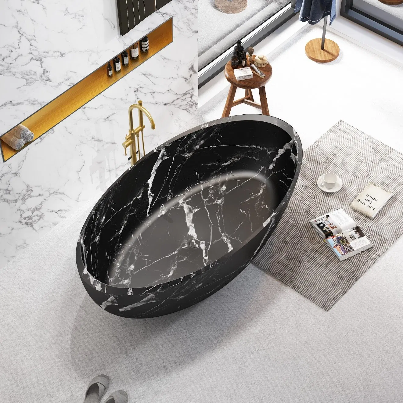 Черная мраморная ванна из искусственного камня