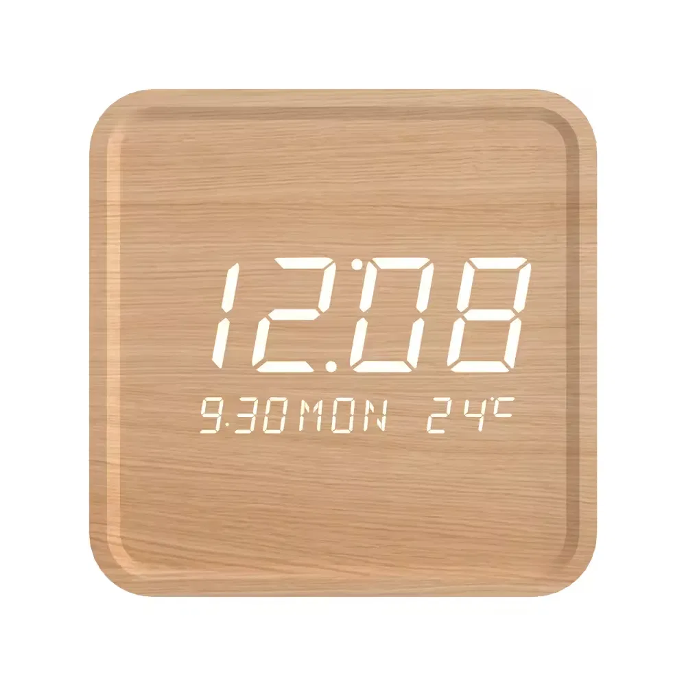 Table Clock Wall Clock Smart Table and Wall Clock Square Wooden Alarm LED Thermometer Electric Motive for Living Room Placement