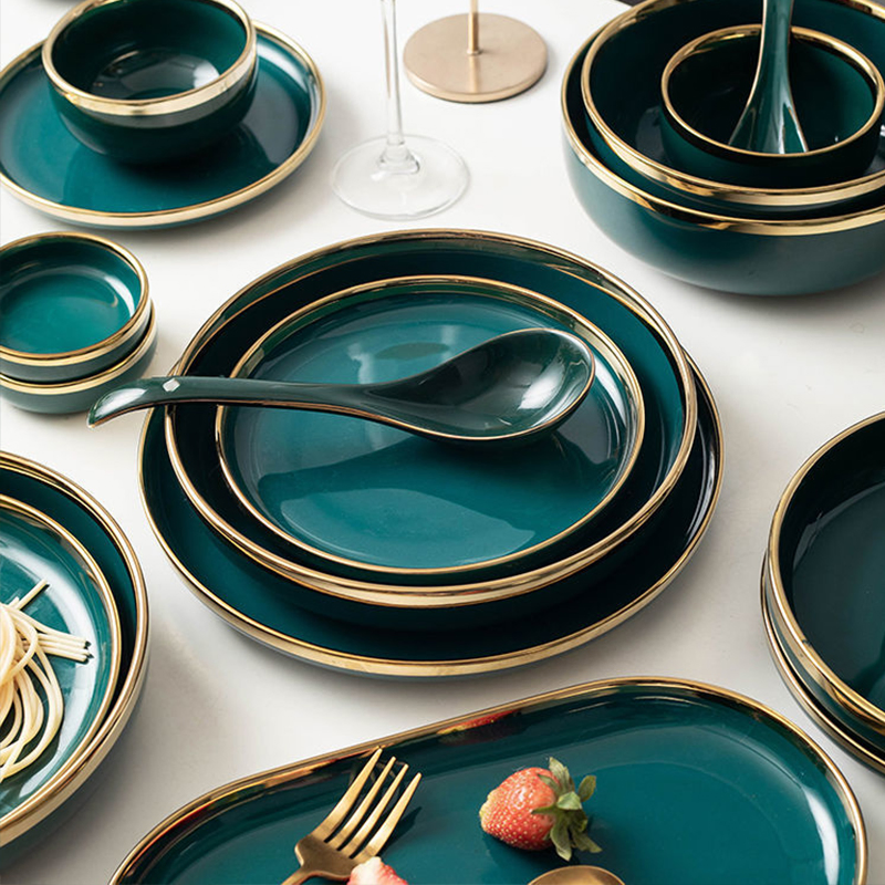 Emerald Green Ceramic Dinner Set with Elegant Golden Edges