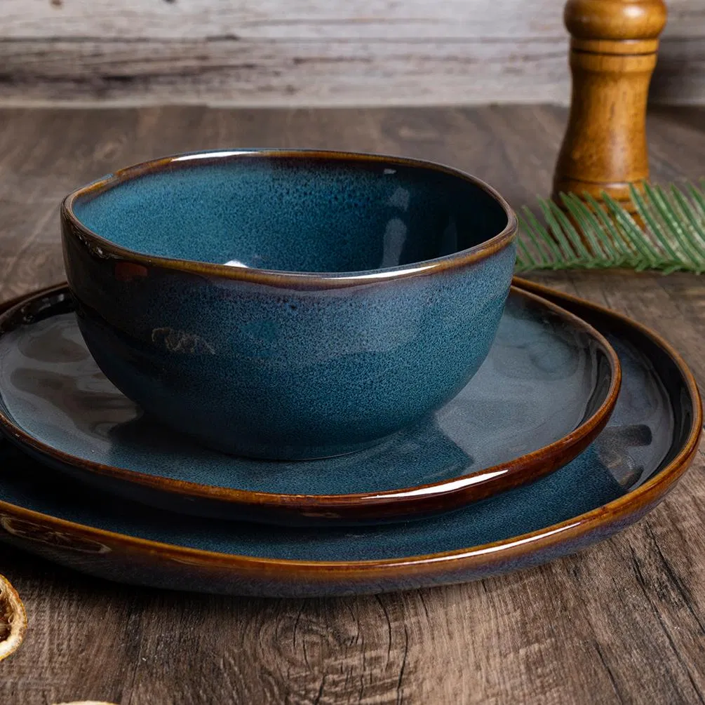 Eco-Friendly Hotel Restaurant Latest Custom Wholesale Handcrafted Nordic Unique Organic Reactive Glaze 12/16/18PCS Rustic Blue Ceramic Stoneware Dinnerware Set