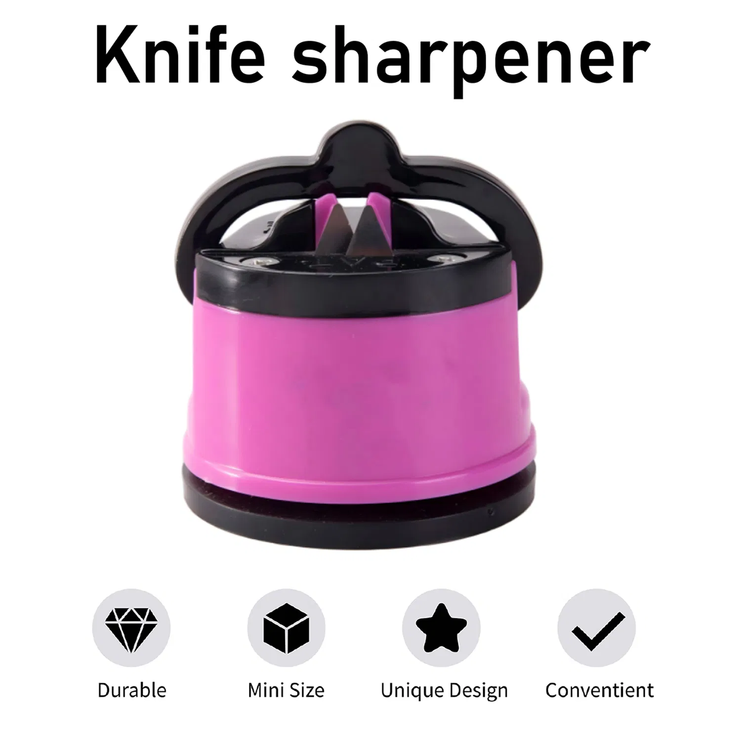 Pink Knife Sharpener Powergrip Suction Base 200X Force Increase Mini Size Fast 3 Step Sharpening for Most Kitchen Knives Tool