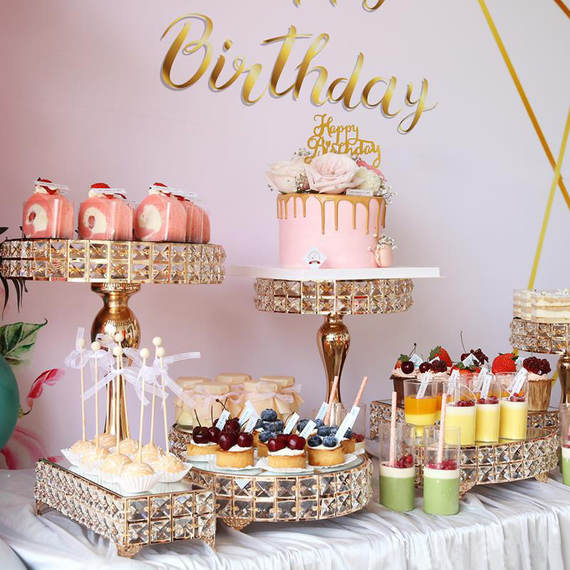 Party Cake Display with Mirror Top Plate Crystal Snack Tray