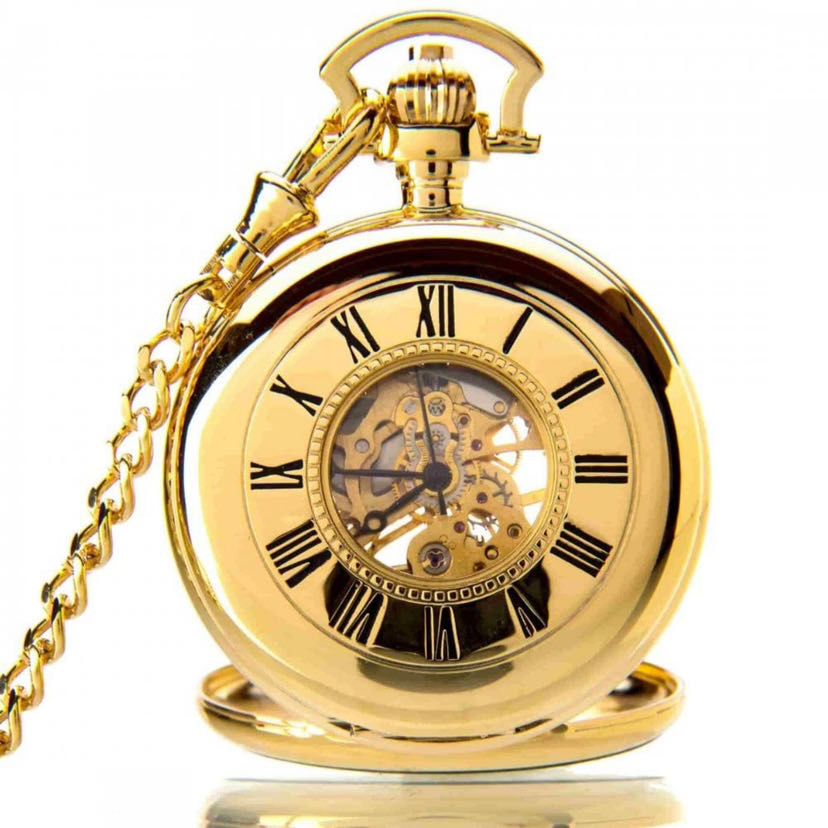 Gold Tone Hand Wind Mechanical Skeleton Pocket Watch with Chain
