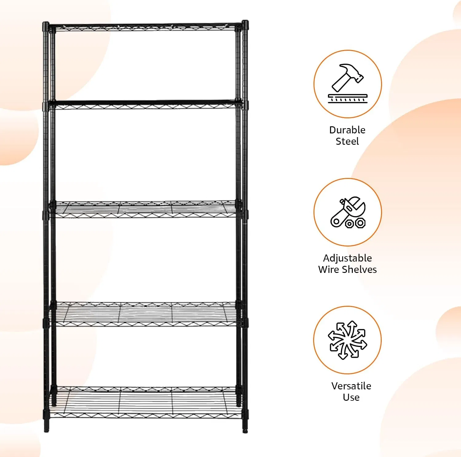 5 Tier Adjustable Heavy-Duty Wire Shelving Unit, Suitable for Kitchens and Garages
