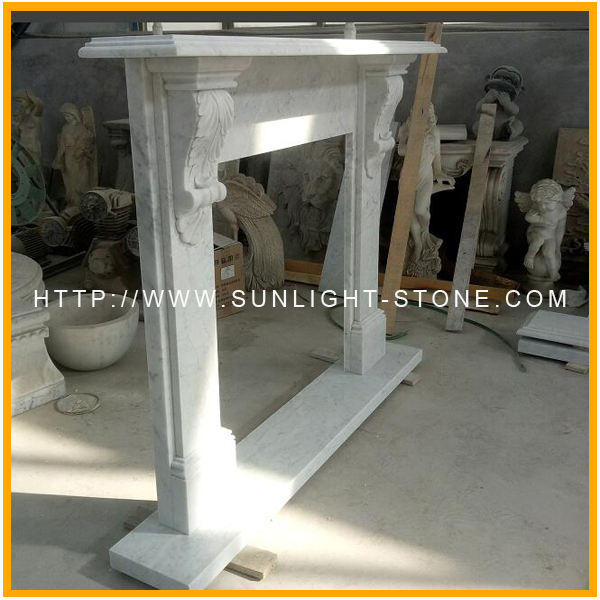 Carved White Carrara Stone Marble Fireplace Mantel