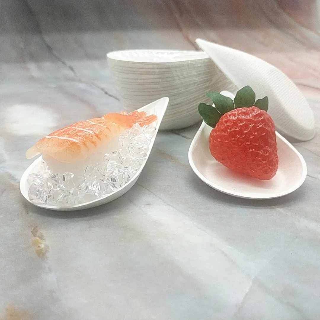 Leaf Shape Dia101.5*50.6mm Disposable Small Plate Compostable Sugarcane Bagasse Pulp Mini Sauce Cake Dessert Tray