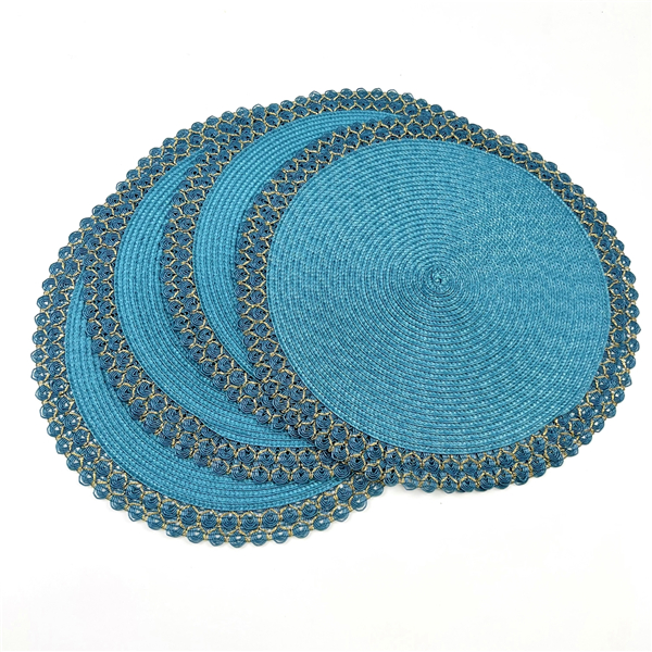 Promotion 15 Inch Teal Gold Braid Heat Resistant Polypropylene Woven Round Placemat