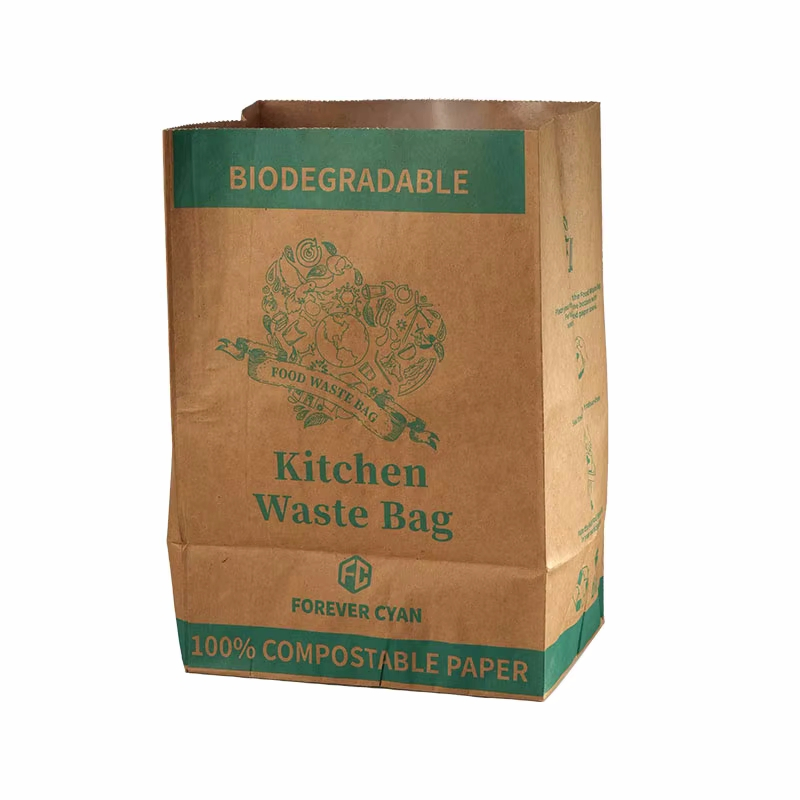 Waterproof Greaseproof Food Waste 100% Biodegradable Brown Kraft Paper PLA Film Kitchen Bags Without Handles