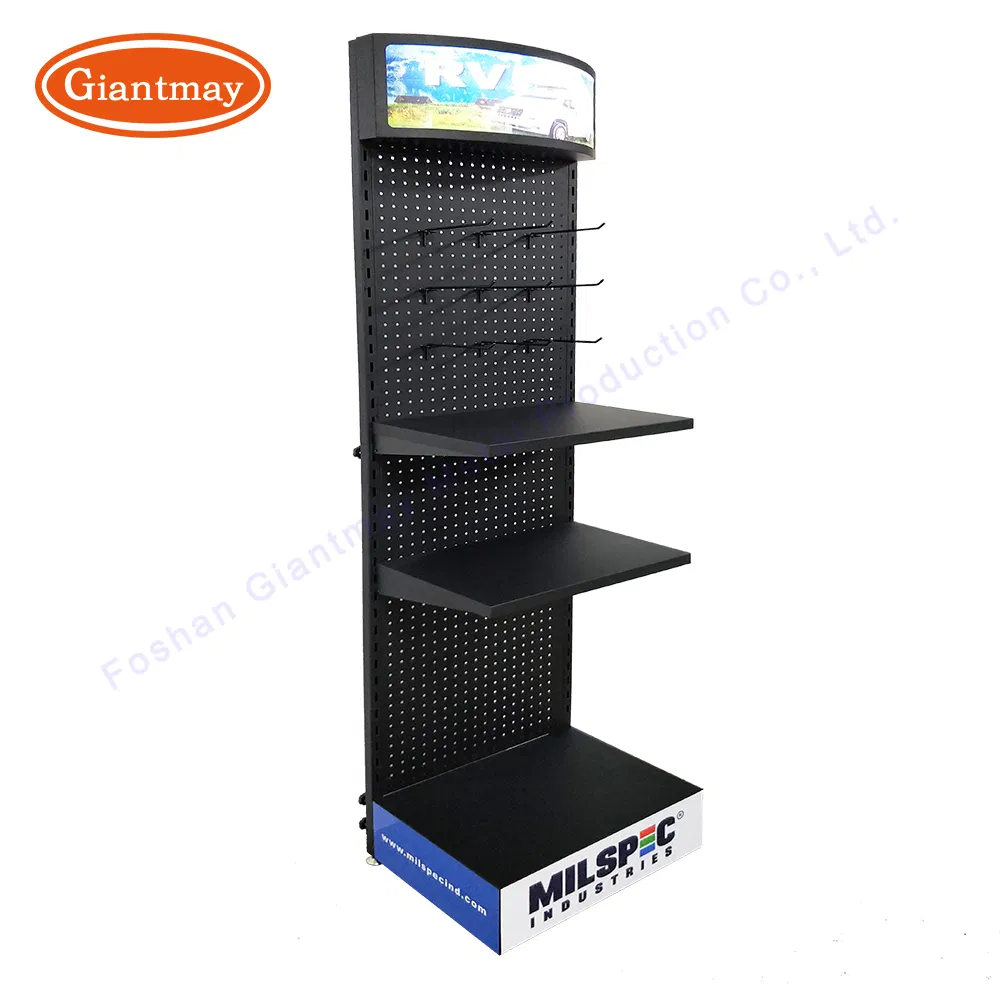 Retail Store Shop Floor Metal Shelving Perforated Pegboard Stand Display Rack Shelves with Hooks