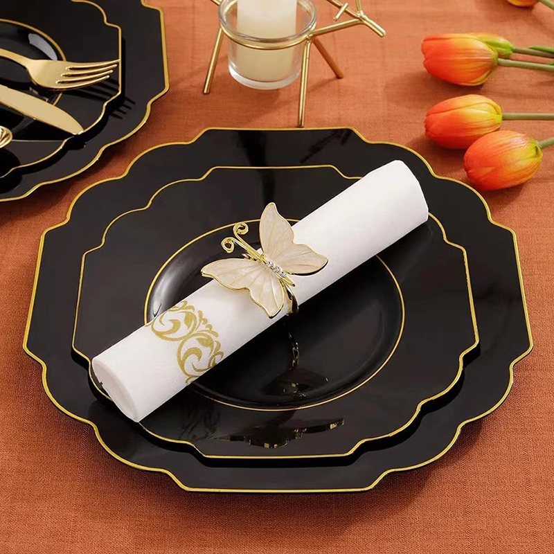 175PCS Disposable 25 Guests Luxury Plastic Plates Disposable Party Black Gold Color Disposable Plate Set