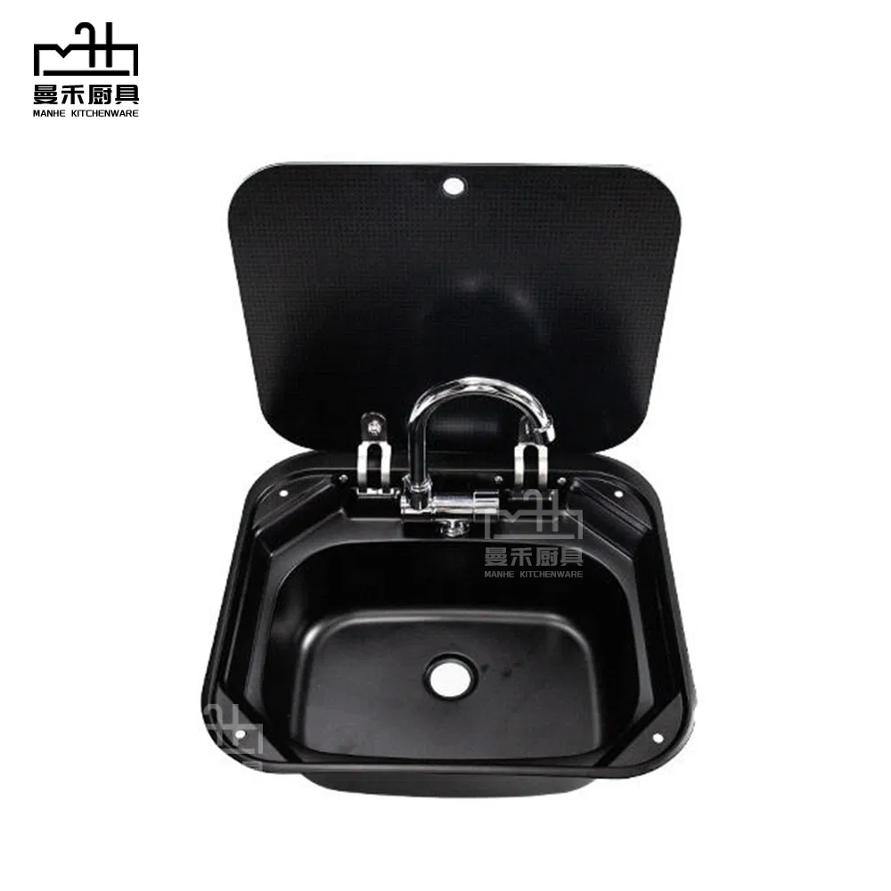 Black RV Caravan or Boat Stainless Steel Hidden Wash Basin Sink with Folded Faucet Tempered Glass Lid Van Camper Trailer