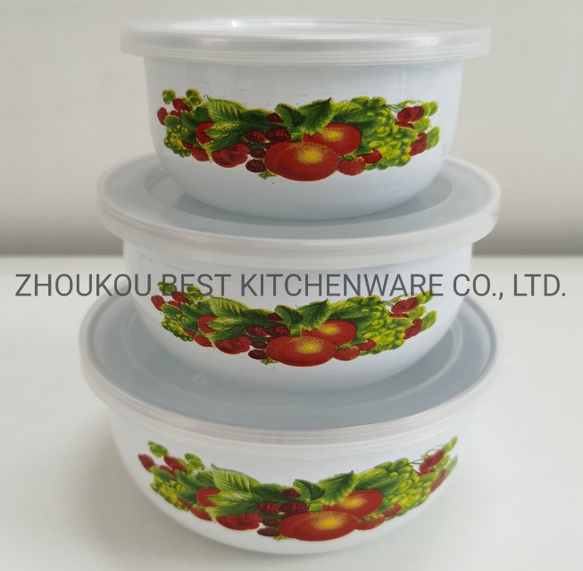 3 PCS High Quality Enamel Storage Bowl with Plastic Lid