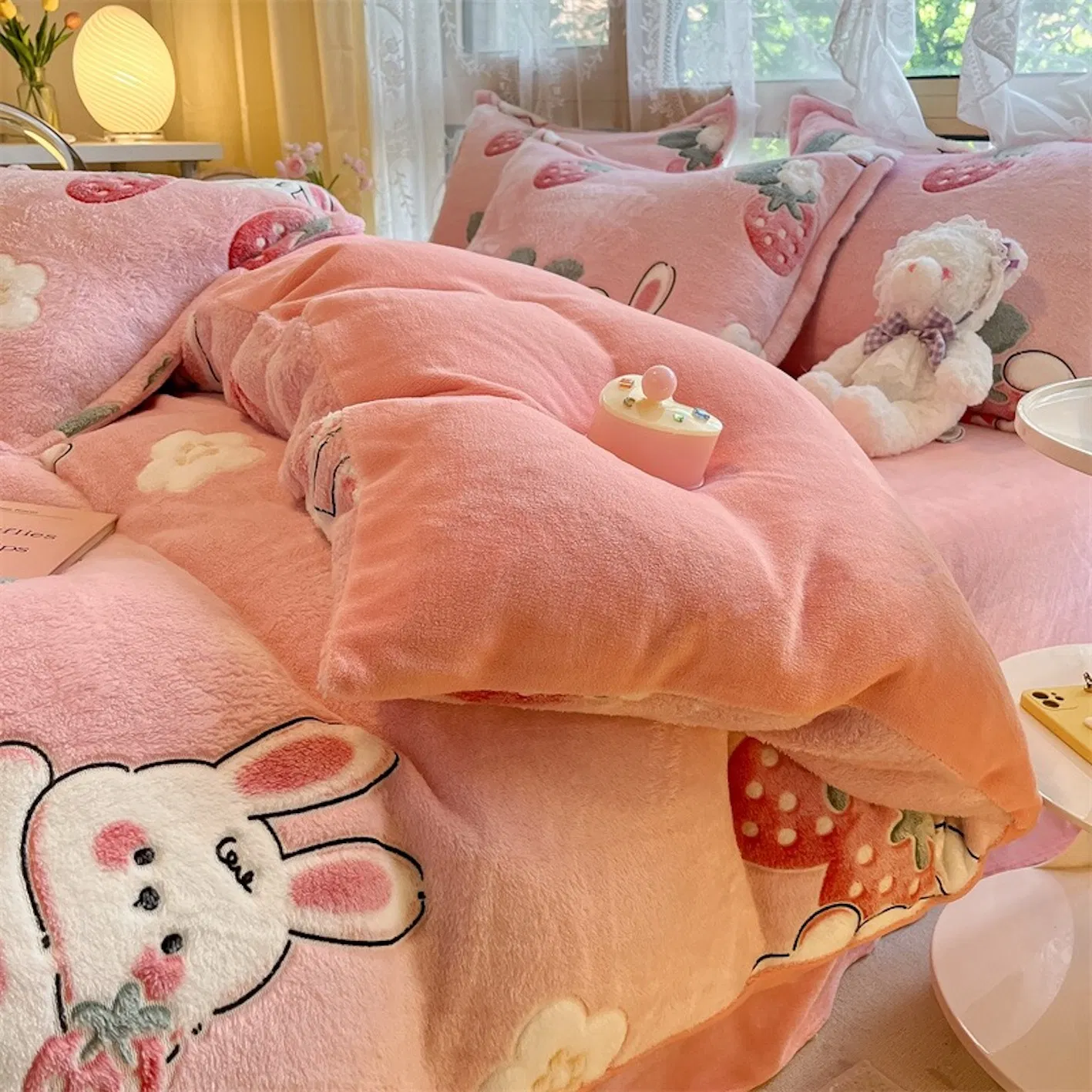 Pink Rabbit Printed Pure Cotton Duvet Cover Flat Sheet Pillowcases Children Sabanas Bed Linen Skin-Friendly Quilt Comforter Cover Kids Queen Bedding Set