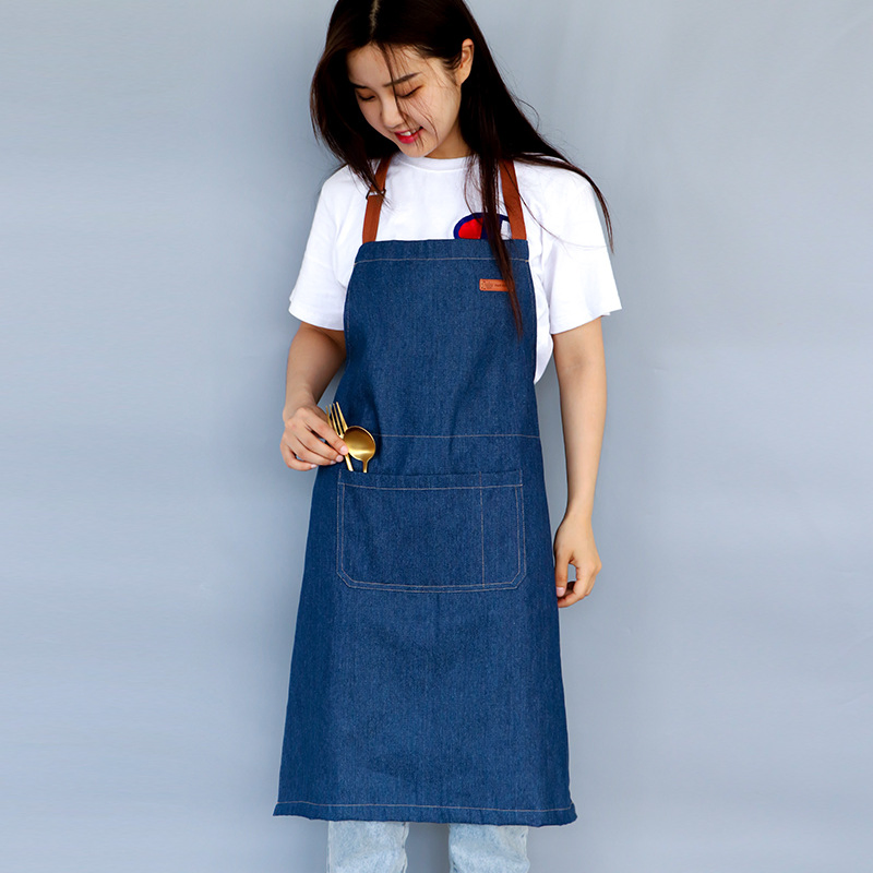 Water Resistant Denim Cooking Aprons Adjustable Multi Pocket Machine Washable Denim Apron for Chef Kitchen BBQ