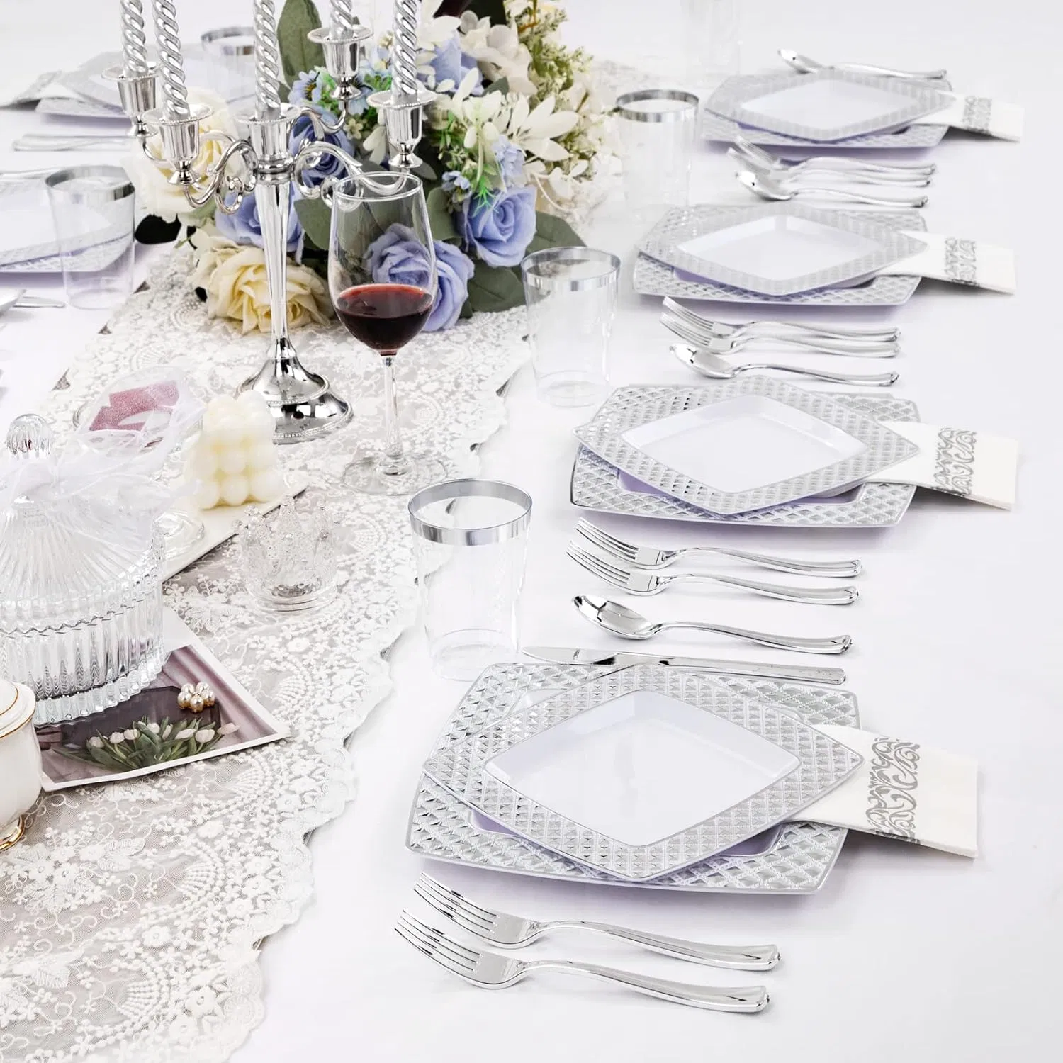 Elegant Silver Plastic Square Plates with Diamond Design