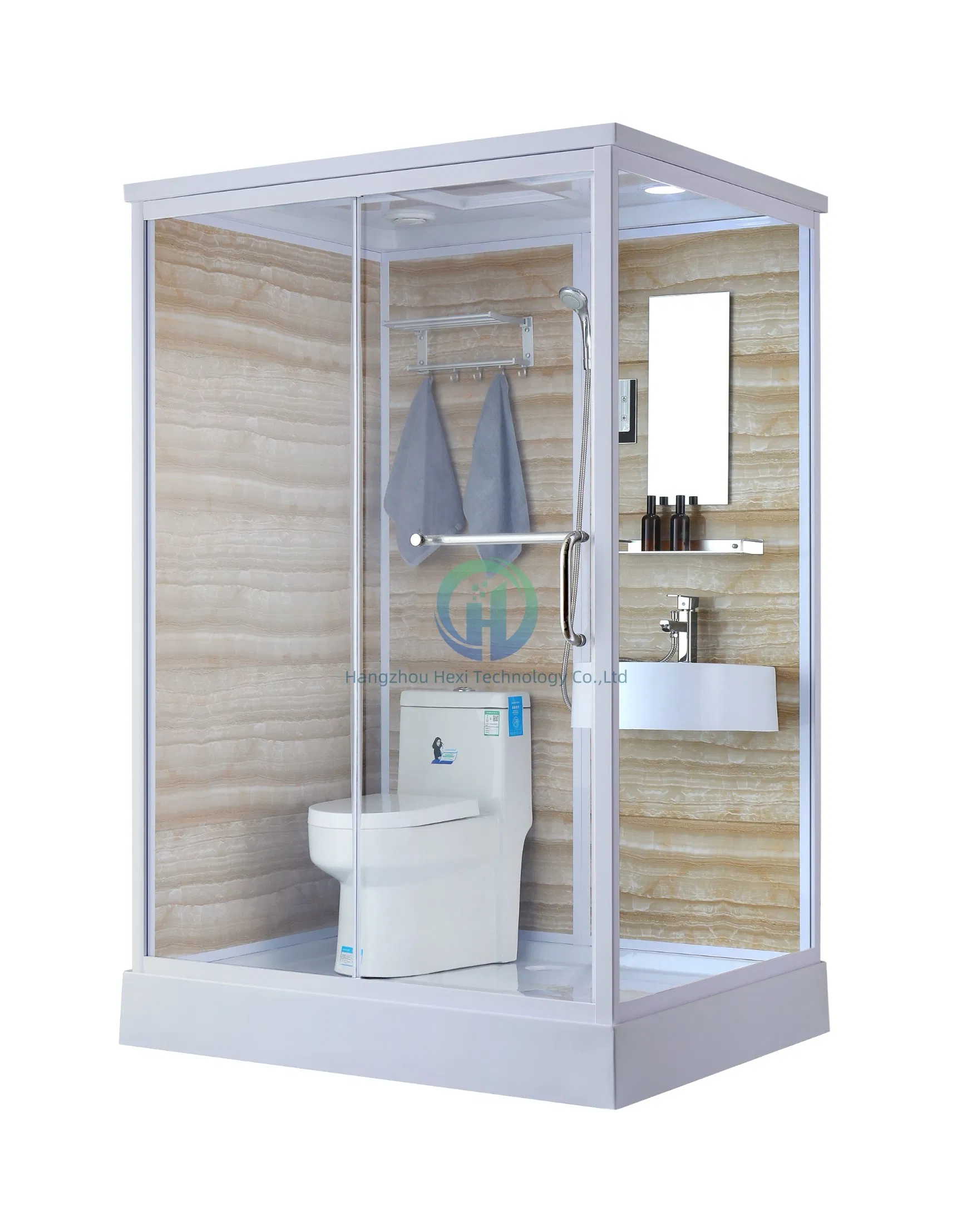 Prefab Toilet Bathroom with Luxury Portable Shower Toilet, Frosted Tempered Glass One in All Portable Bathroom Modular Pods