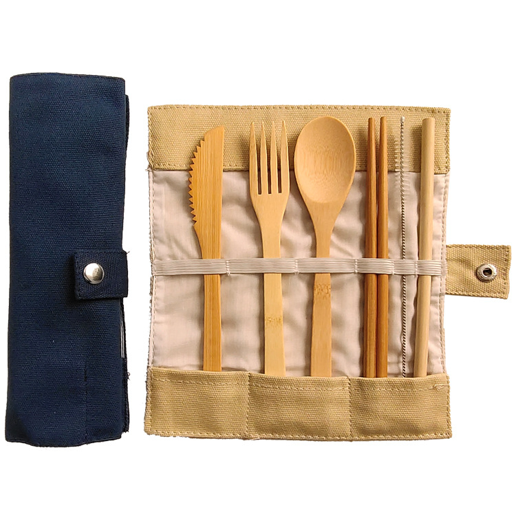 Reusable Organic Bamboo Spoon Fork Chopsticks Flatware Utensil Cutlery Set in Pouch