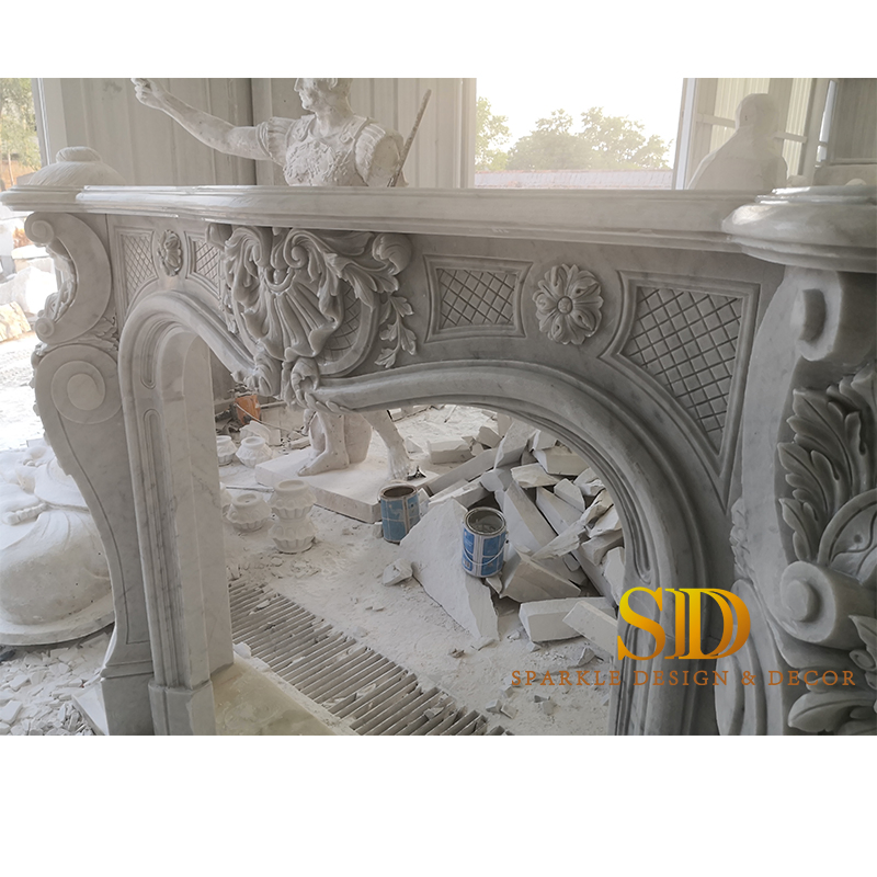 European Design Hand Carved White Marble Fireplace