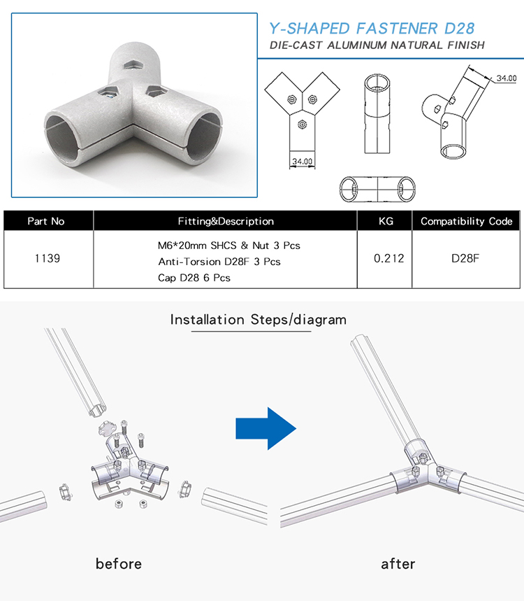 China Manufacturer RoHS ODM OEM 1139 Y-Shaped Fastener D28 Hardware for Aluminum Tube and Aluminium Profile and Workbench Line