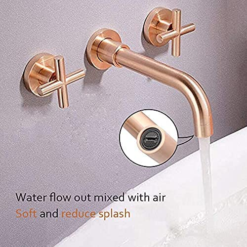 Luxury Solid Brass Bathroom Wall Faucet Widespread for Sink 3 Hole, 2 Cross Handles with Mixing Valve, Nickel Rose Gold