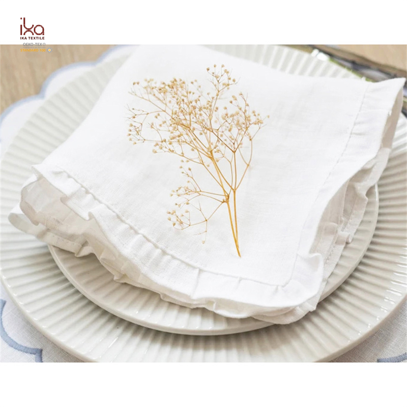 Wholesale Wedding Decoration Items Rustic Home Decor Natural White Party Dinner Ruffle Custom Printed Pure Linen Napkin with Embroidery Logo